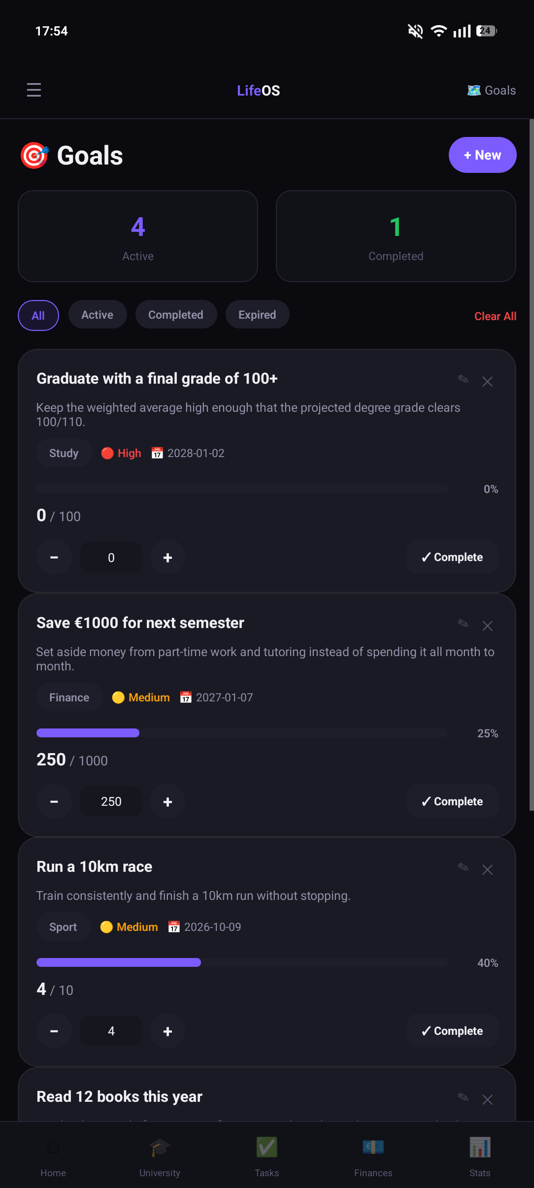 LifeOS Goals Screen