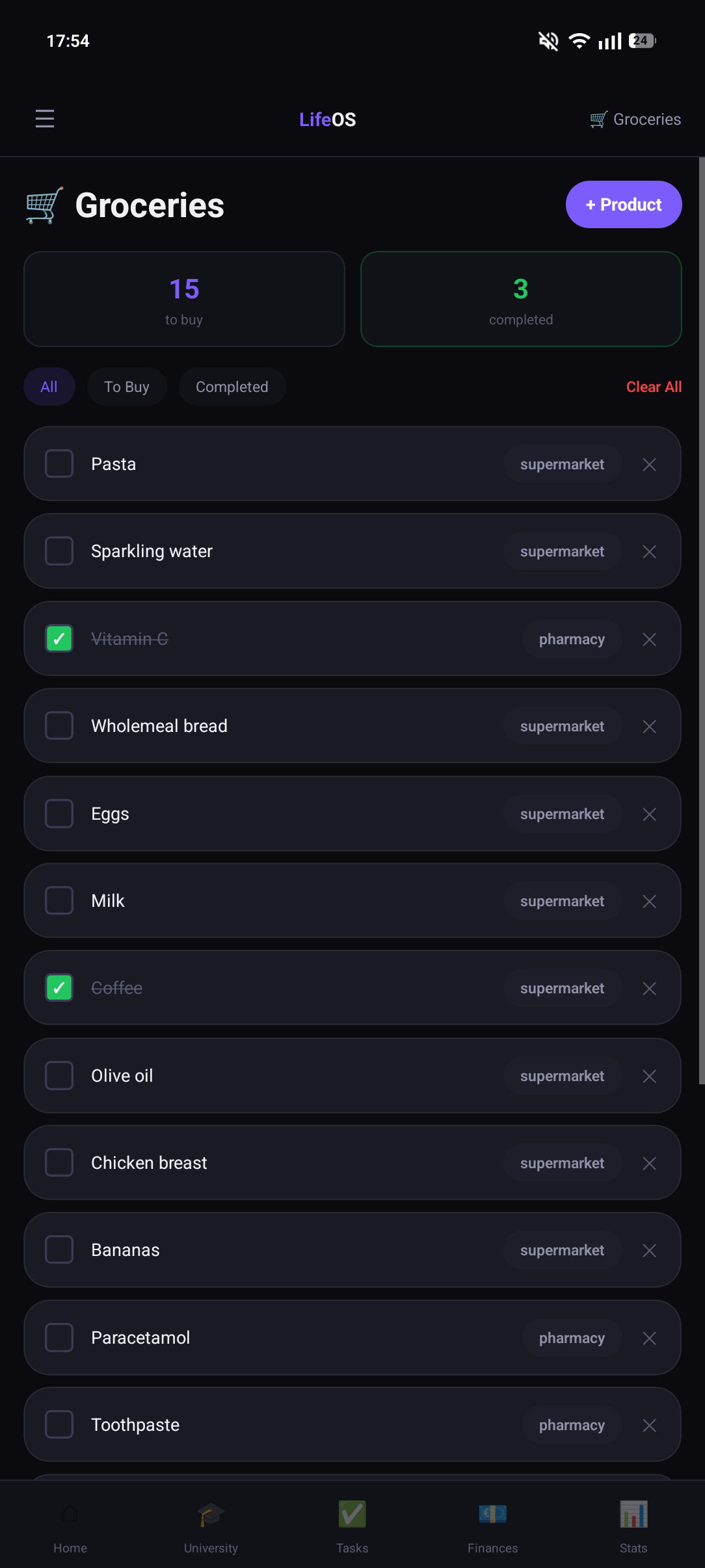 LifeOS Groceries Screen