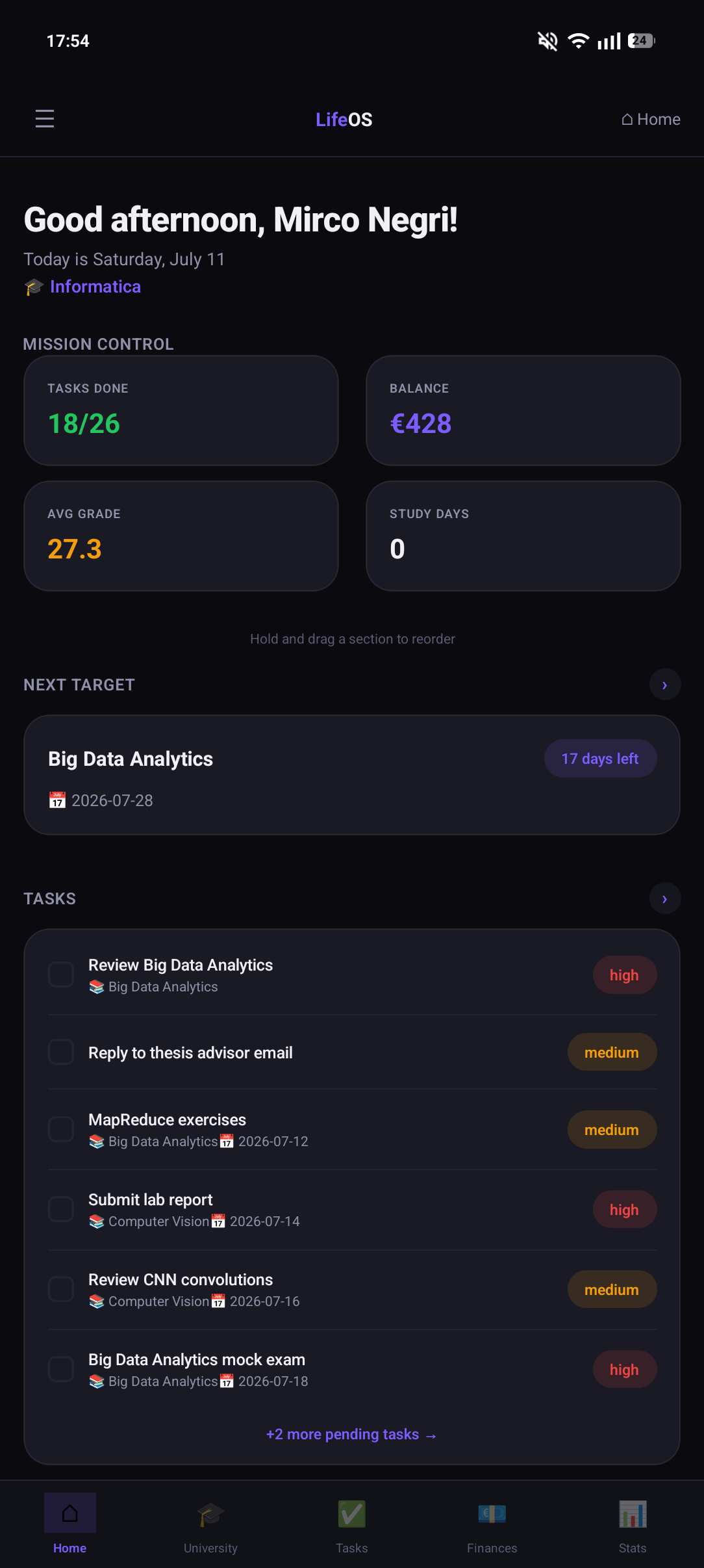 LifeOS Home Dashboard