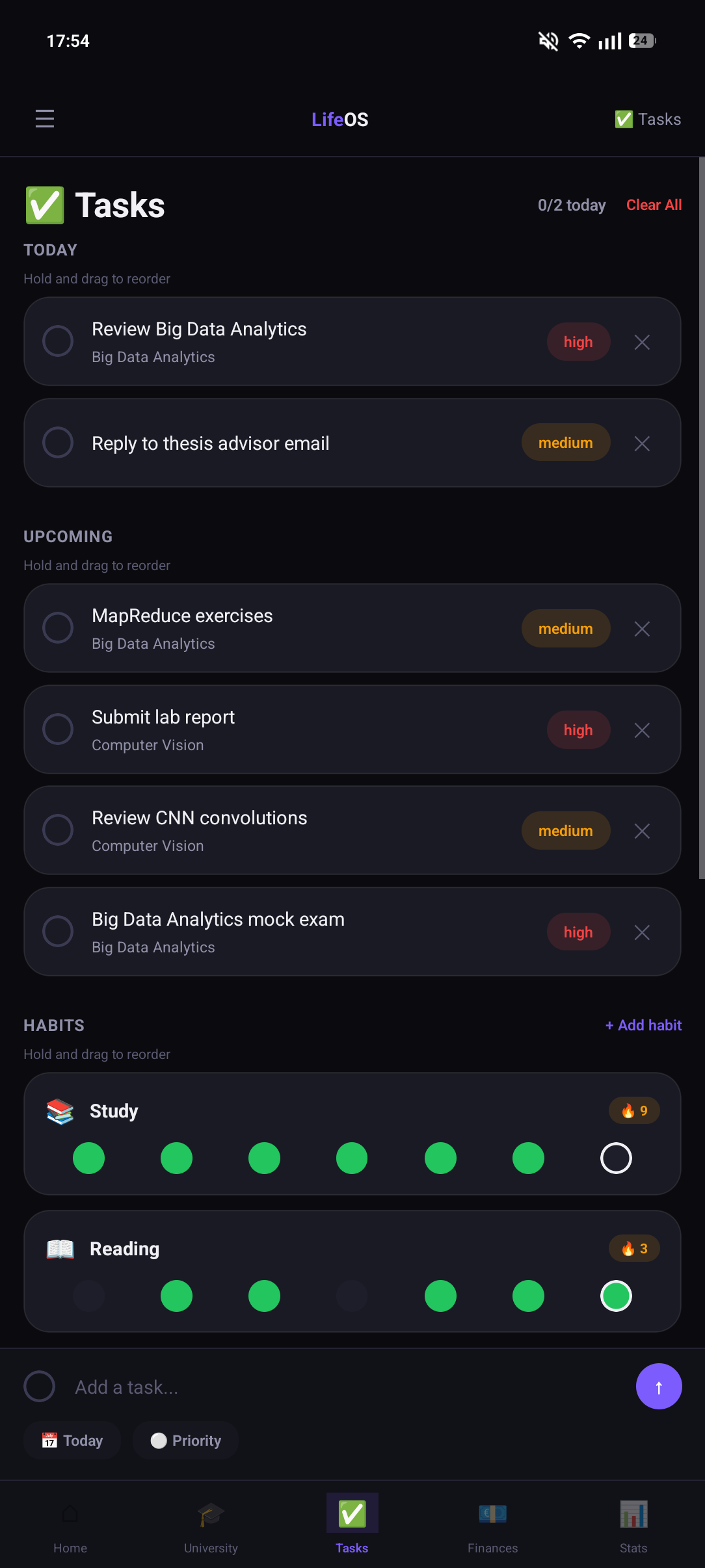 LifeOS Tasks Screen